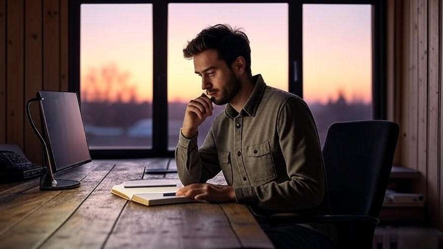 Modern writer at a desk during pre-dawn with sunrise view, inspired by Shakespeare’s creative process.