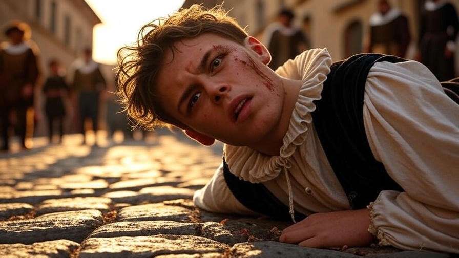 Dramatic scene of Mercutio wounded on a cobblestone street, symbolizing his famous quote 'A plague o' both your houses' from Romeo and Juliet.