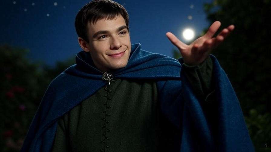 Young man in Elizabethan attire gesturing to a starry sky, representing Mercutio's quote 'If love be rough with you, be rough with love' from Romeo and Juliet.