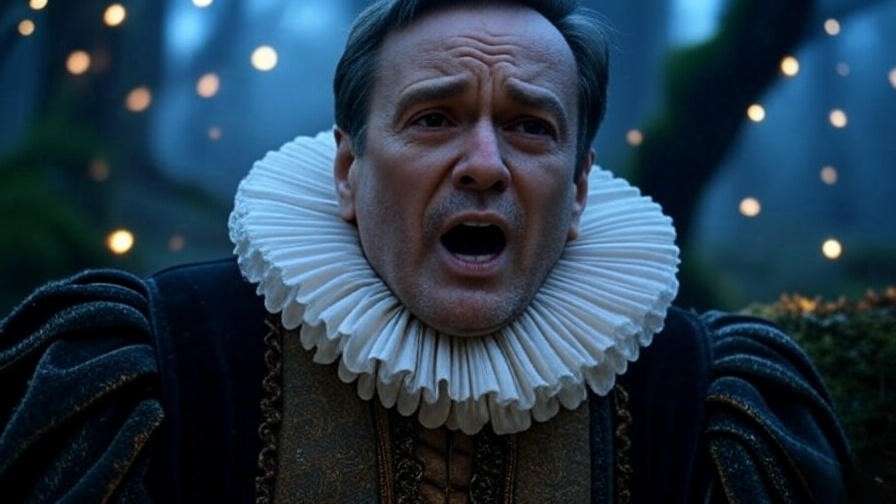 Theatrical depiction of Mercutio delivering the Queen Mab speech with fairy lights, from Romeo and Juliet