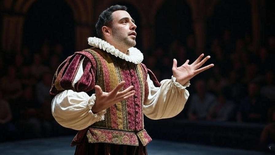 Actor in Mercutio’s attire performing on stage, showcasing his famous quotes from Romeo and Juliet.