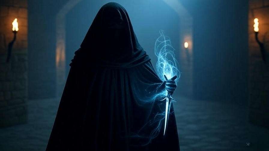 Shadowy figure with spectral dagger in misty Macbeth castle scene symbolizing guilt