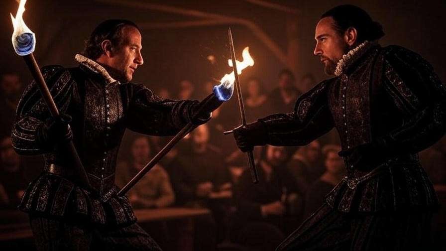 Elizabethan duel scene with rapiers in dim hall symbolizing Hamlet's fate