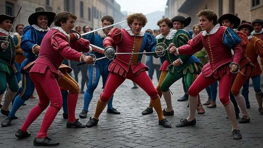Chaotic Verona street brawl with Elizabethan men drawing swords