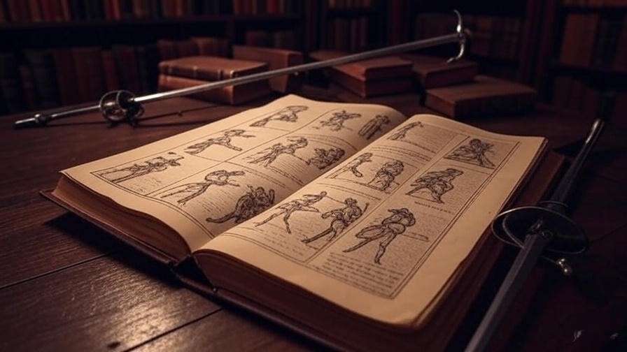 Elizabethan fencing manual and rapier on table in scholarly study