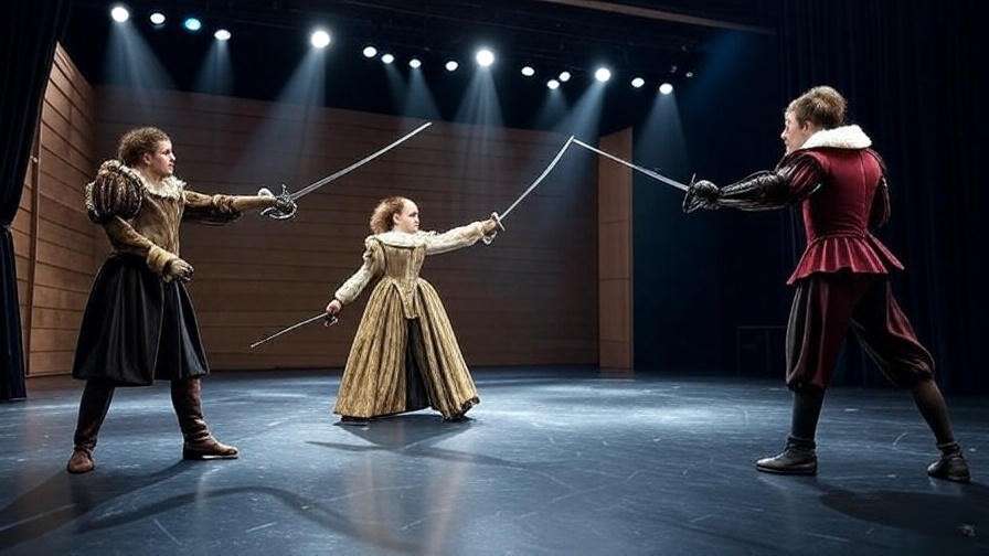 Actors in Elizabethan costumes rehearsing sword fight on modern stage