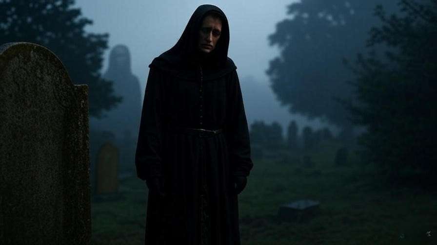 Solitary figure in a misty graveyard, reflecting Hamlet’s grief and betrayal in Shakespeare’s tragedy