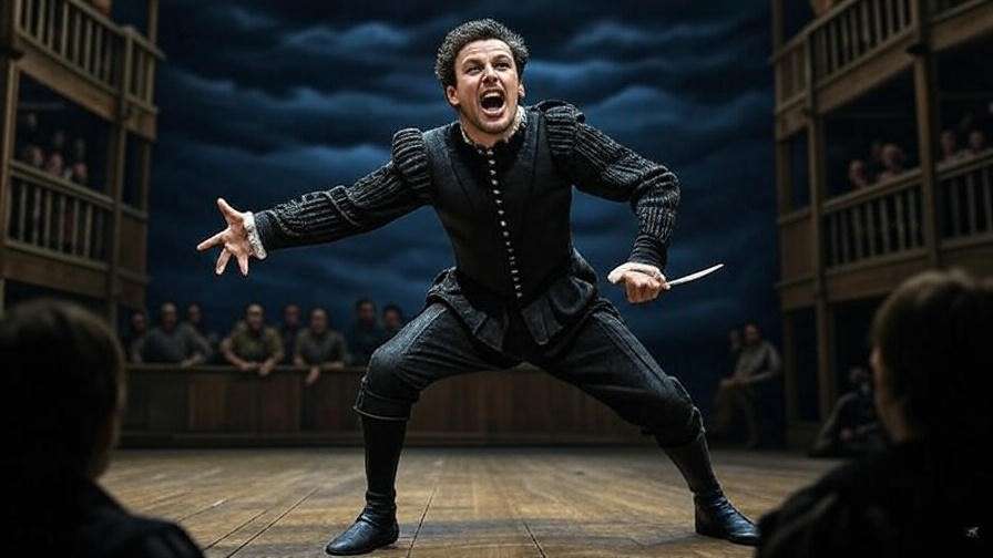 Theatrical scene of an actor performing Hamlet’s soliloquy with a dagger, showcasing Shakespearean drama
