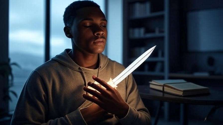 Reflective individual with a light dagger, symbolizing Hamlet’s emotional resonance in modern life.