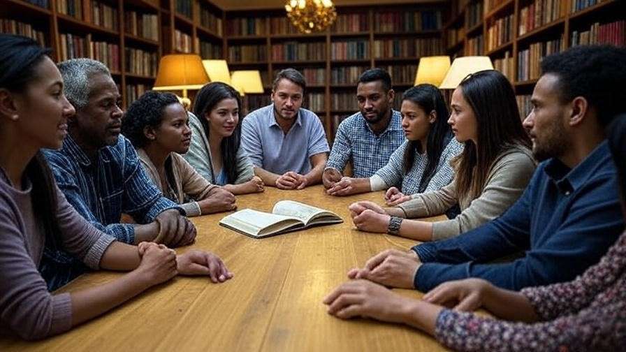 Diverse group discussing Hamlet in a library, promoting engagement with Shakespeare’s emotional themes.