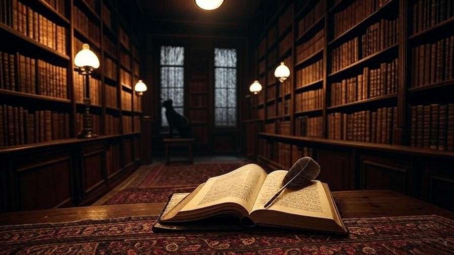 Vintage library with Shakespearean book and quill pen, faint dog silhouette