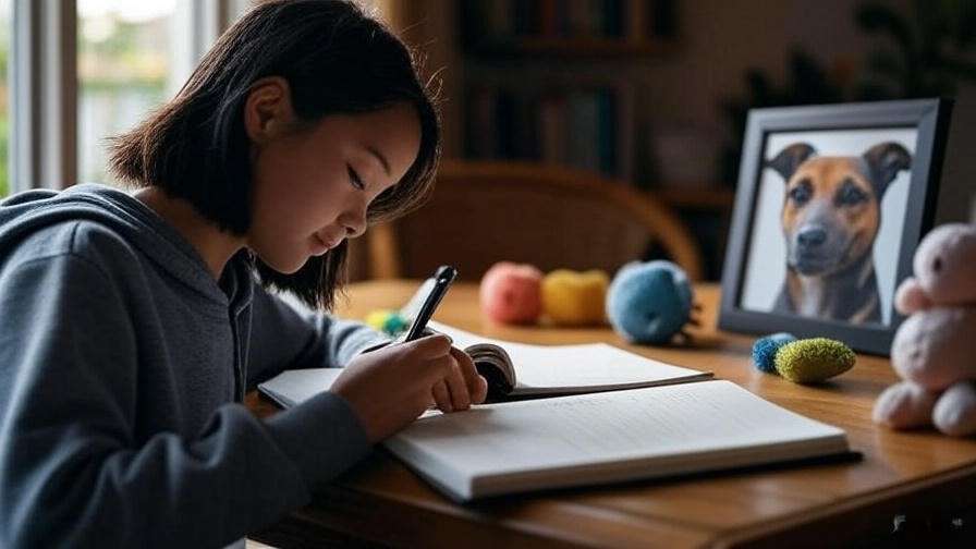 Person writing in a notebook with dog toys and photo in a cozy room.