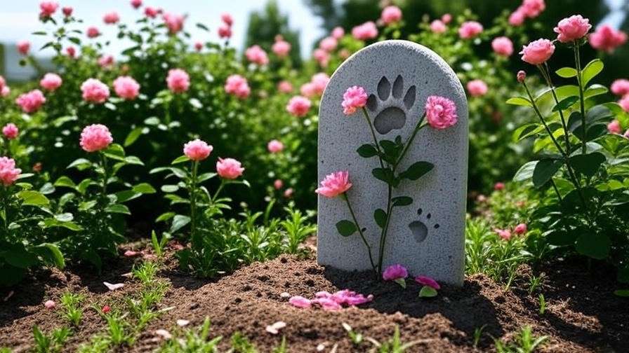 Outdoor memorial with stone marker and flowers, dog paw print etched.