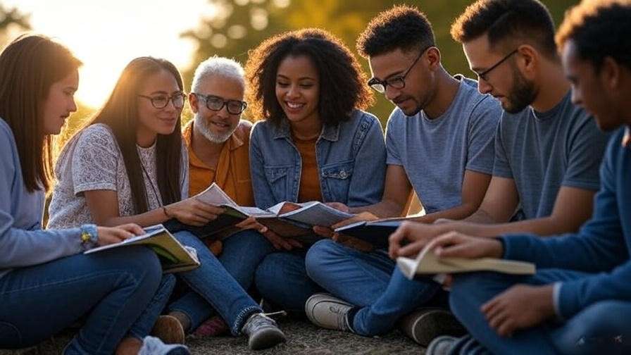 Diverse group sharing books in an outdoor community circle at sunset.