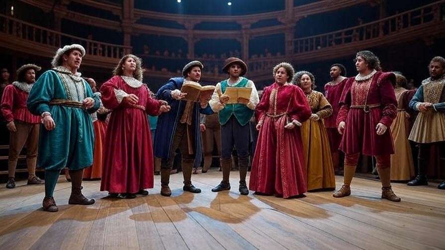 Elizabethan theater interior with actors performing from an ancient script under candlelight.