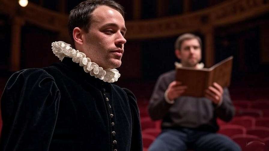 Modern actor rehearsing with director using Shakespeare’s original script in a contemporary theater.