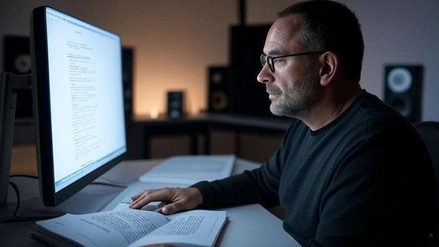Filmmaker editing with Shakespeare script open in a modern studio.