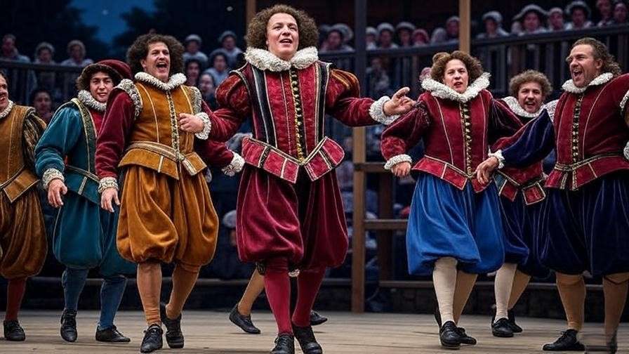 Globe Theatre reenactment with actors and engaged audience in historical setting.
