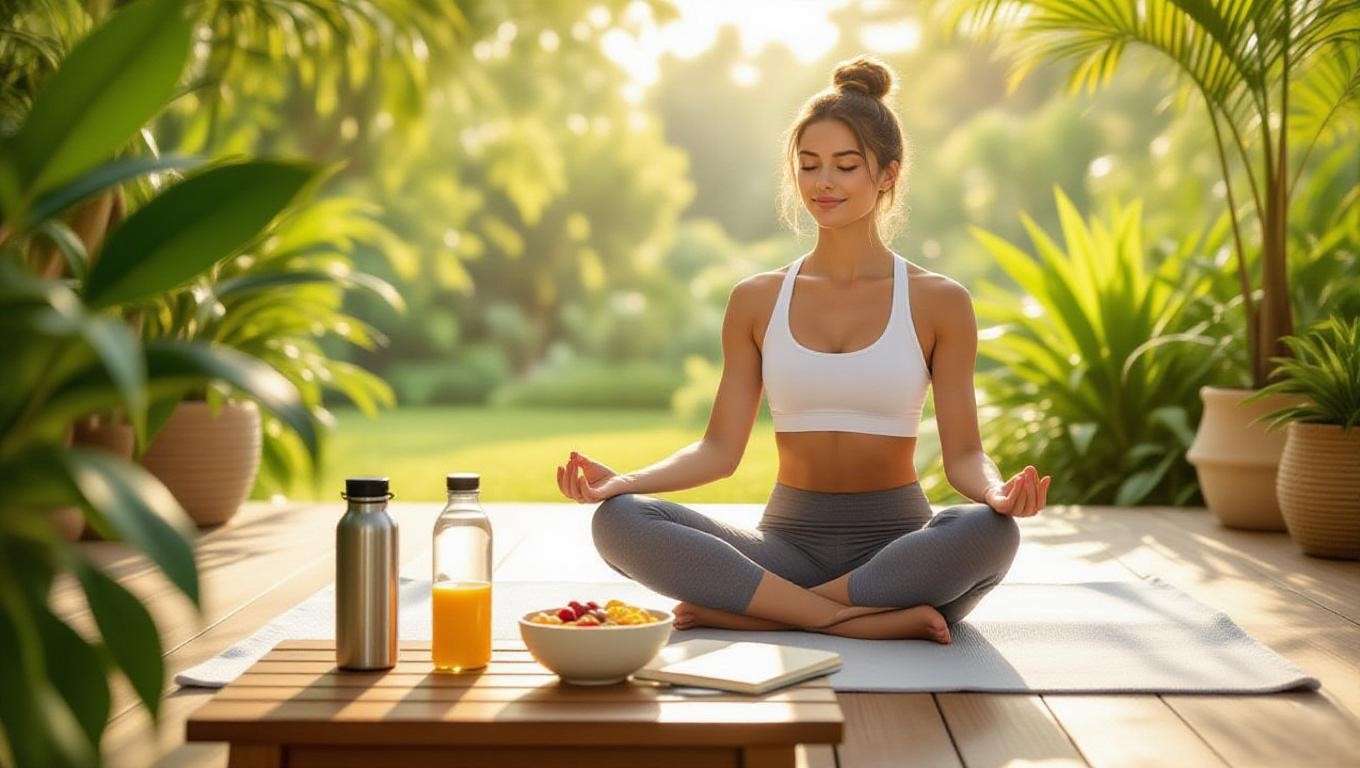 A person practicing yoga outdoors with a water bottle, journal, and healthy breakfast bowl, showcasing the 75 Day Soft Challenge’s core principles.
