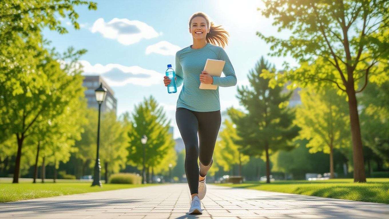 A person walking in a sunny park with a water bottle and notebook, representing the physical and mental benefits of the 75 Day Soft Challenge.