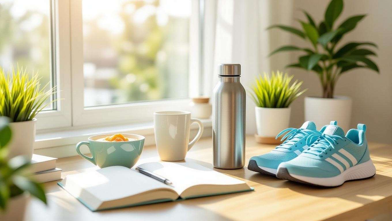 A cozy home workspace with a water bottle, journal, sneakers, and smoothie bowl, illustrating tools for starting the 75 Day Soft Challenge