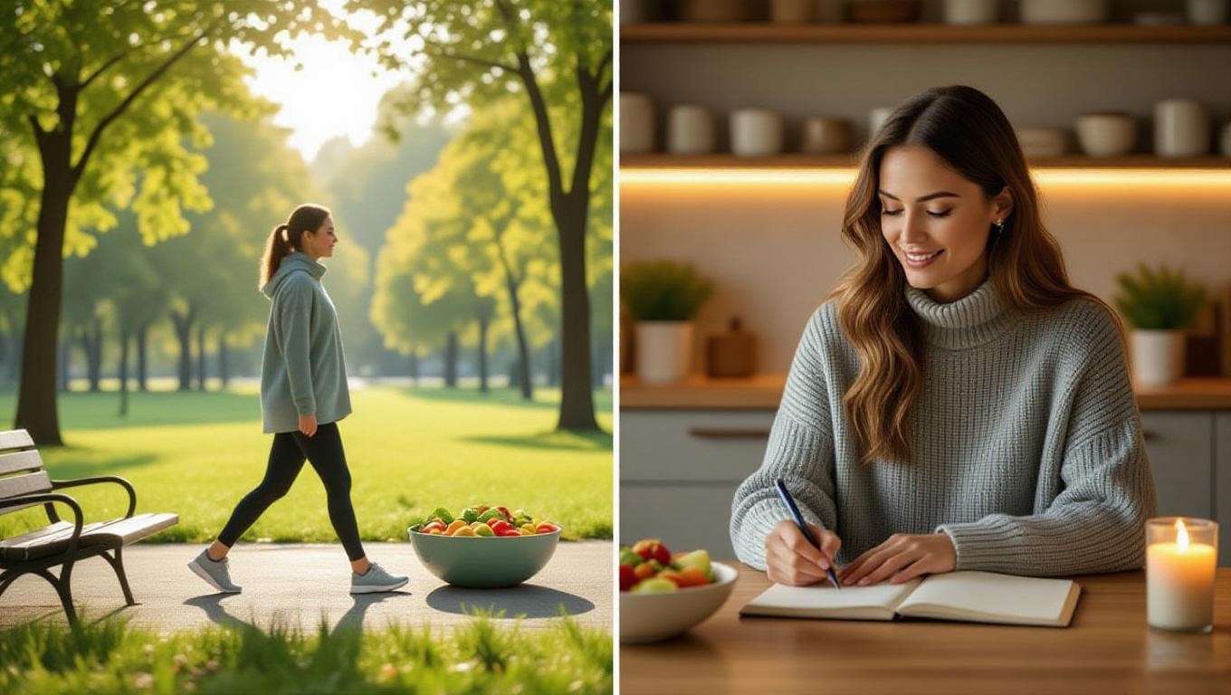 A split-screen image of a person walking, cooking a healthy salad, and journaling, showcasing a 75 Day Soft Challenge weekly plan.