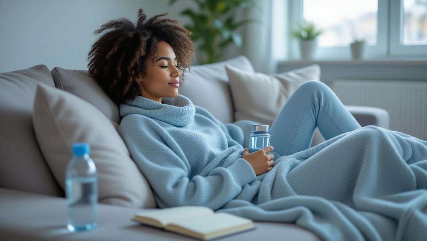 A person resting on a couch with a water bottle and journal, emphasizing rest to avoid burnout in the 75 Day Soft Challenge