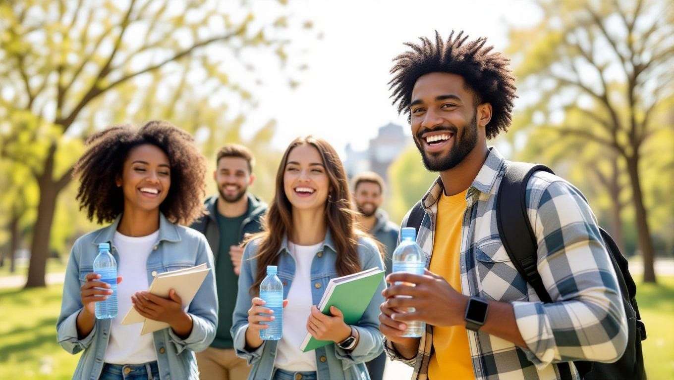 A diverse group celebrating in a park with water bottles and journals, representing success stories from the 75 Day Soft Challenge