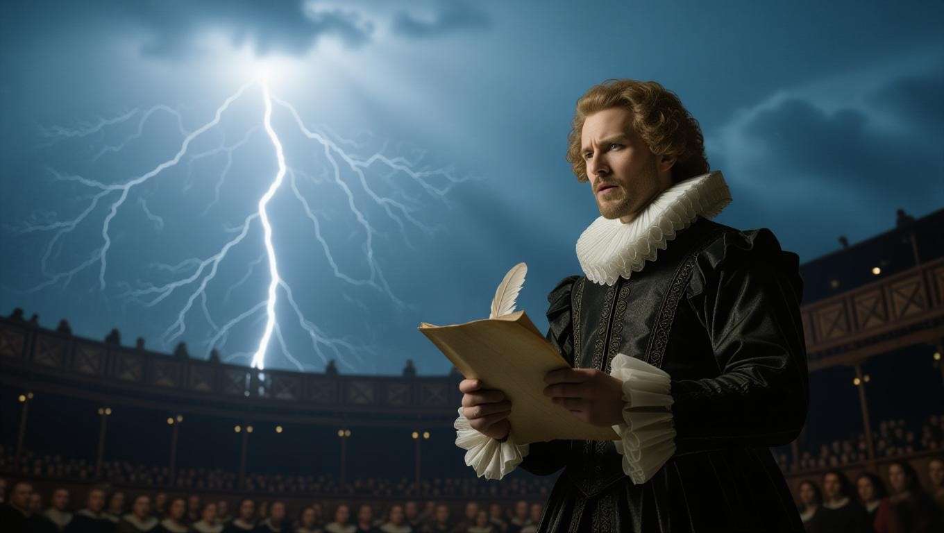 Dramatic Elizabethan theater scene with a figure reciting a soliloquy under a stormy sky.