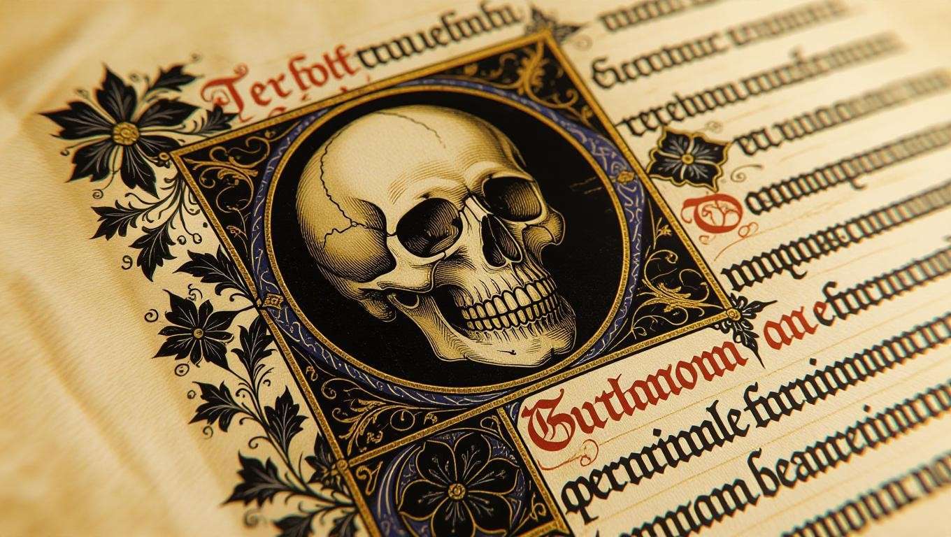 Close-up of a medieval manuscript with a skull and dark floral motifs symbolizing tragedy.