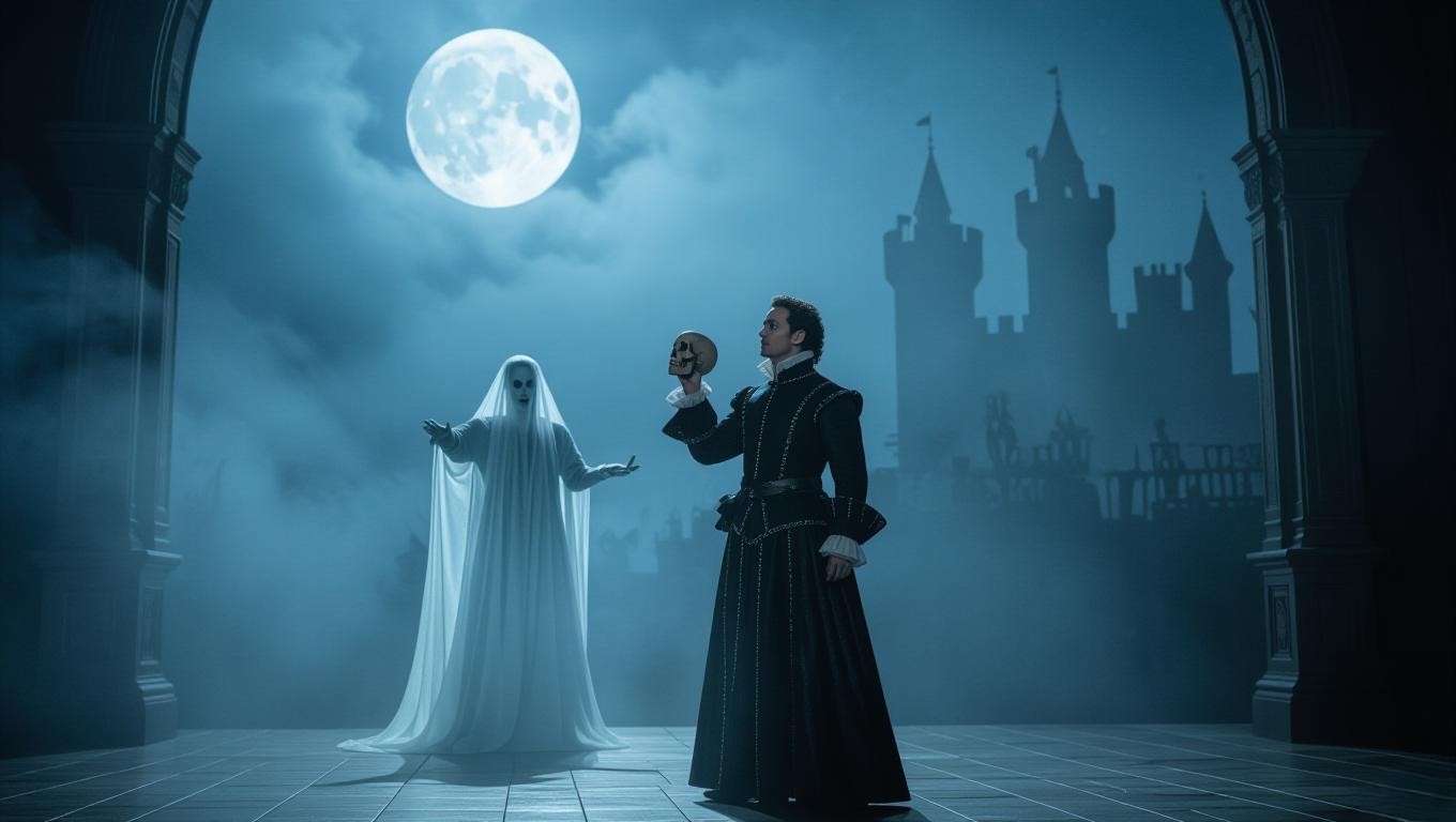 Haunting Hamlet stage scene with a prince and ghostly figure holding a skull