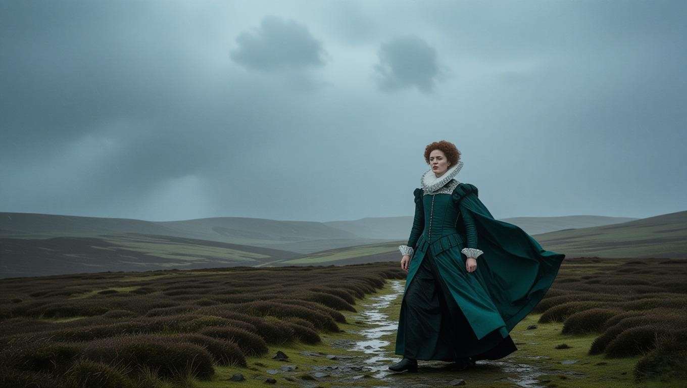 Stormy heath with a lone figure in regal attire symbolizing King Lear’s turmoil