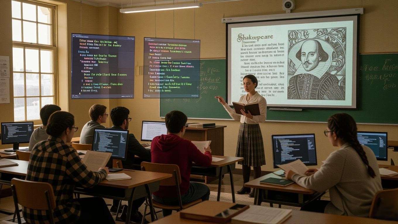 Modern classroom with students analyzing Shakespearean books and digital screens