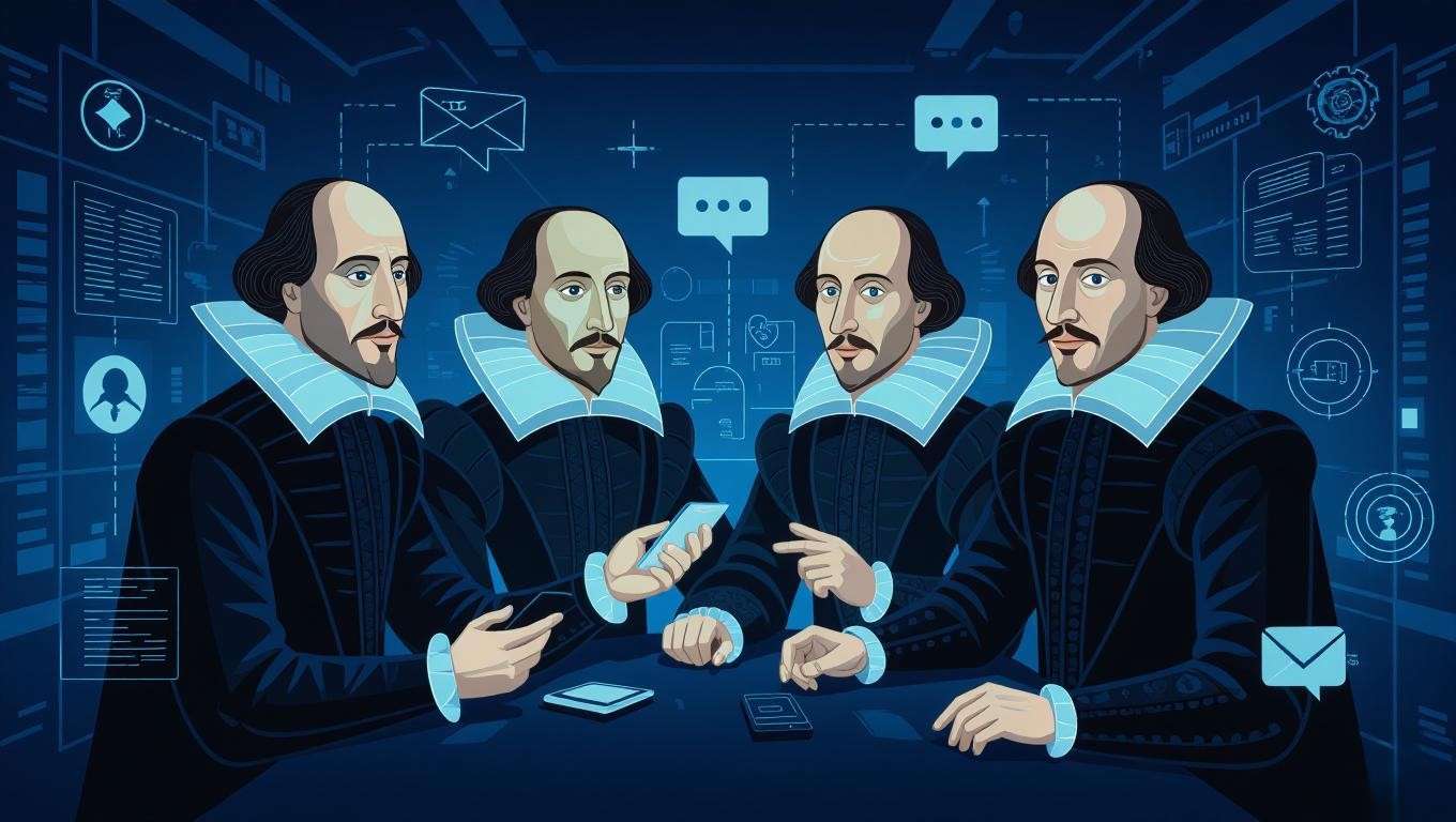Digital art of Shakespearean figures interacting on a social media interface