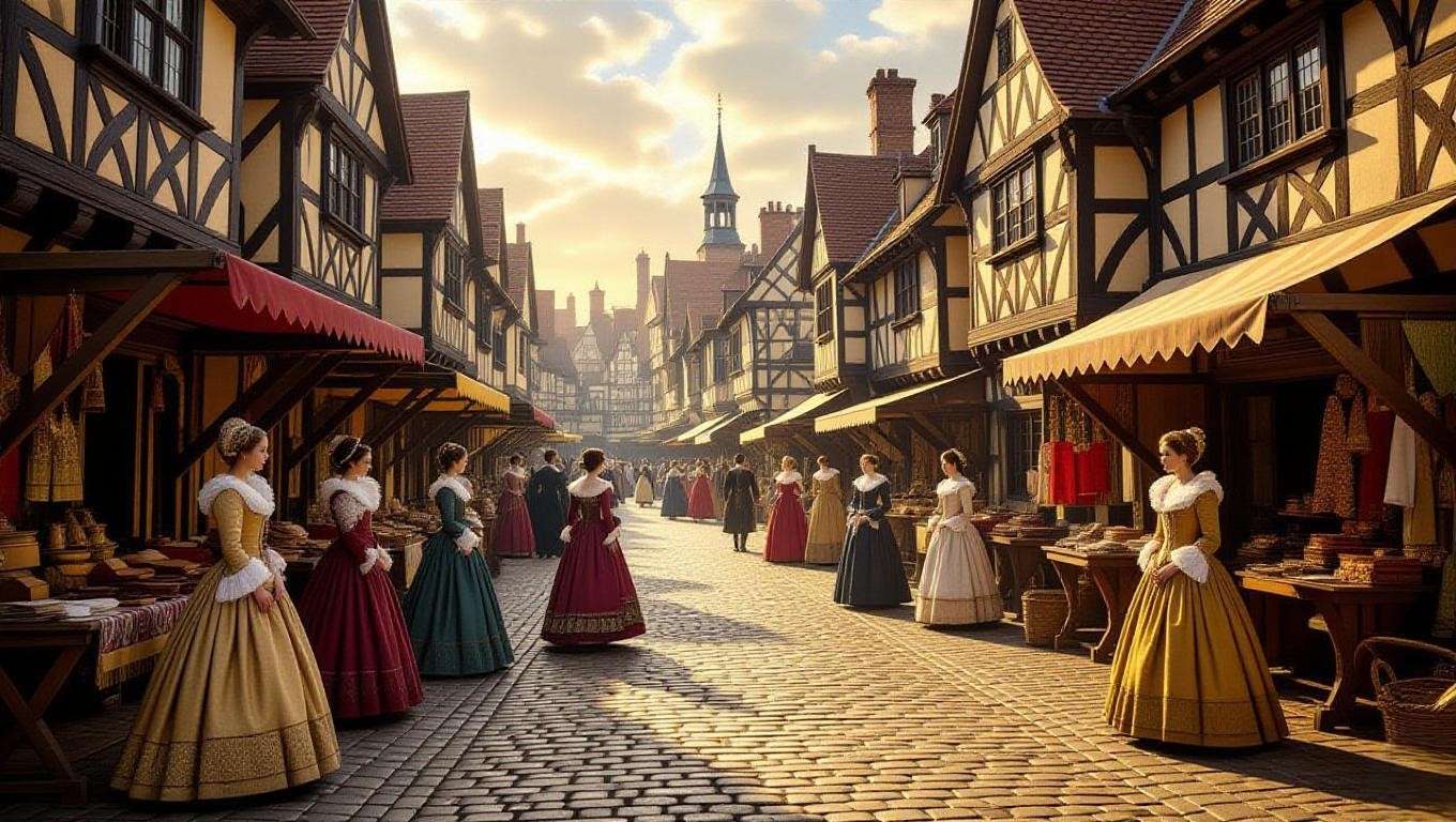 Elizabethan-era marketplace with women in period costumes, reflecting Shakespearean naming conventions