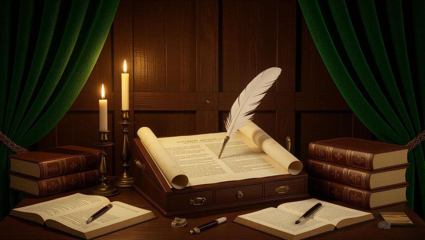 Vintage writing desk with quill, parchment, and Shakespearean playbooks for creative inspiration