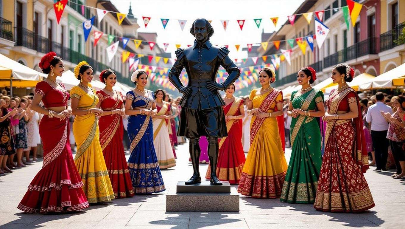 Multicultural festival with women in traditional attire celebrating Shakespearean names globally