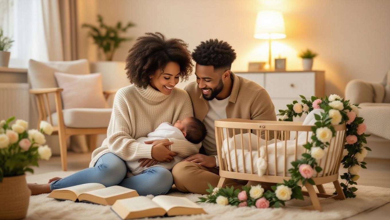 Cozy family scene with parents and newborn choosing Shakespearean names from books