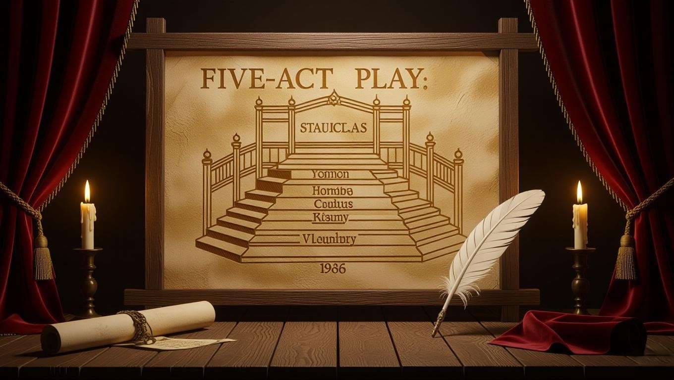 Illustration of a five-act play structure on a wooden stage with quill and candlelight, inspired by Shakespeare’s dramatic techniques.