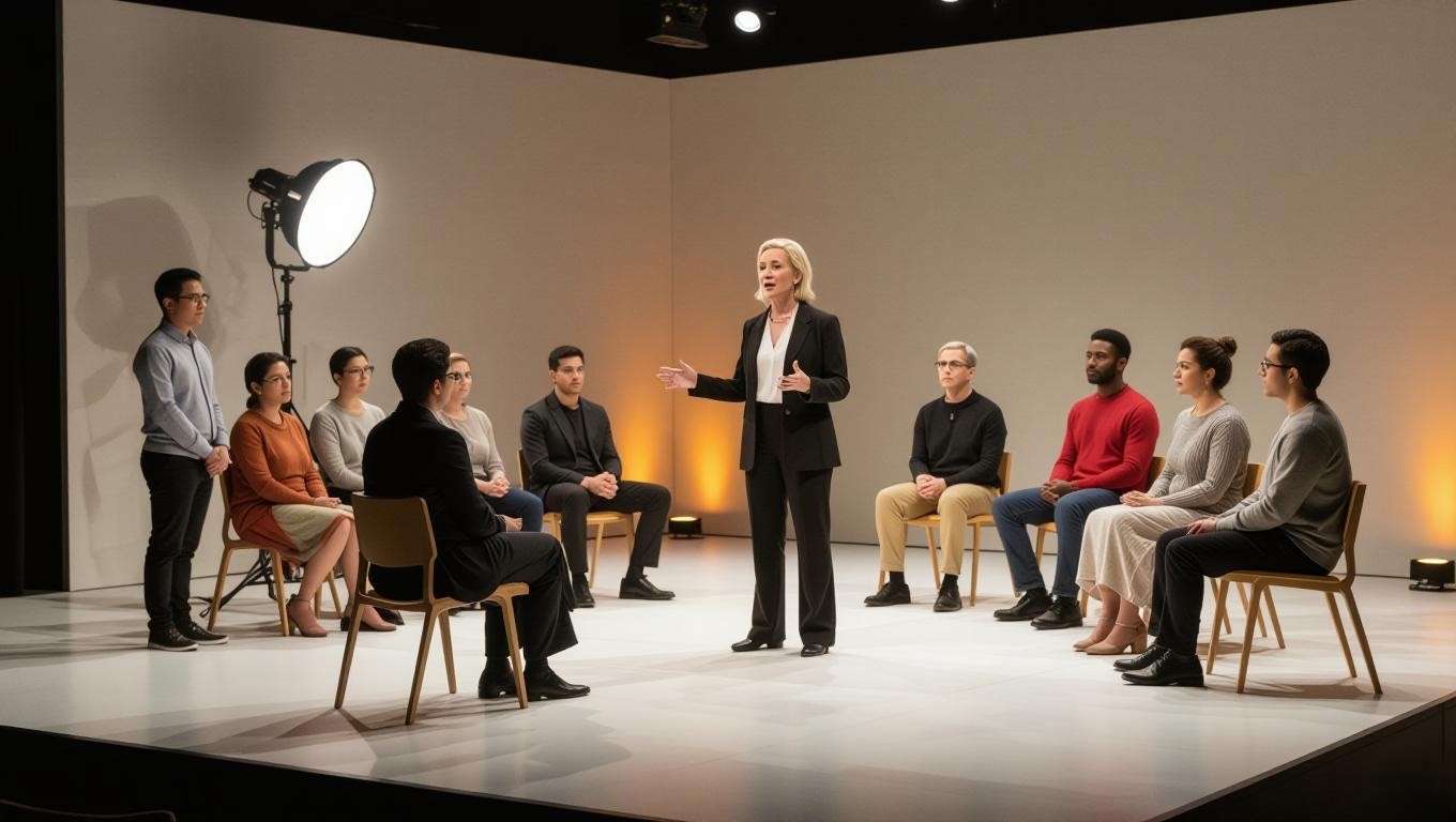 Diverse actors rehearsing a monologue on stage with minimal props, showcasing modern Shakespearean adaptations.