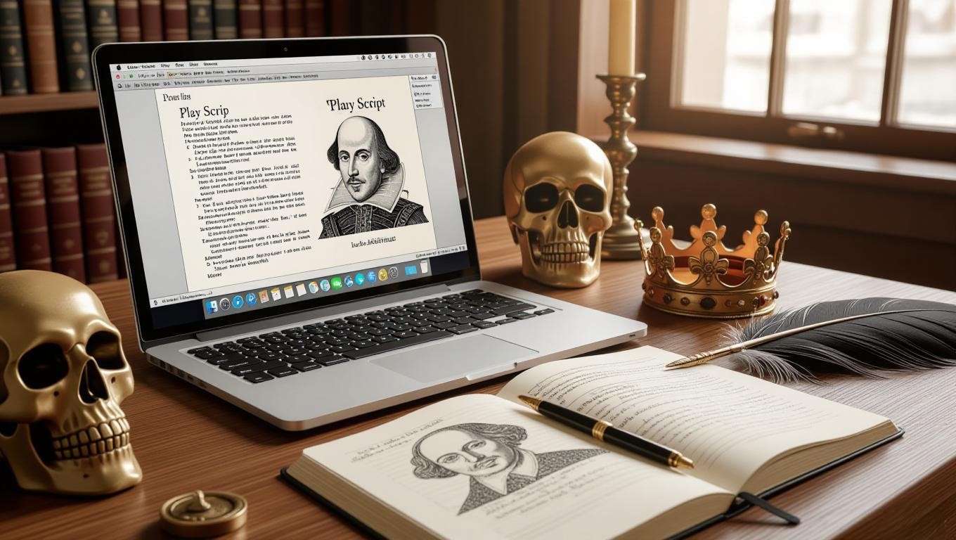 Writer’s desk with laptop and play script, featuring Shakespearean props and a character sketch for drafting