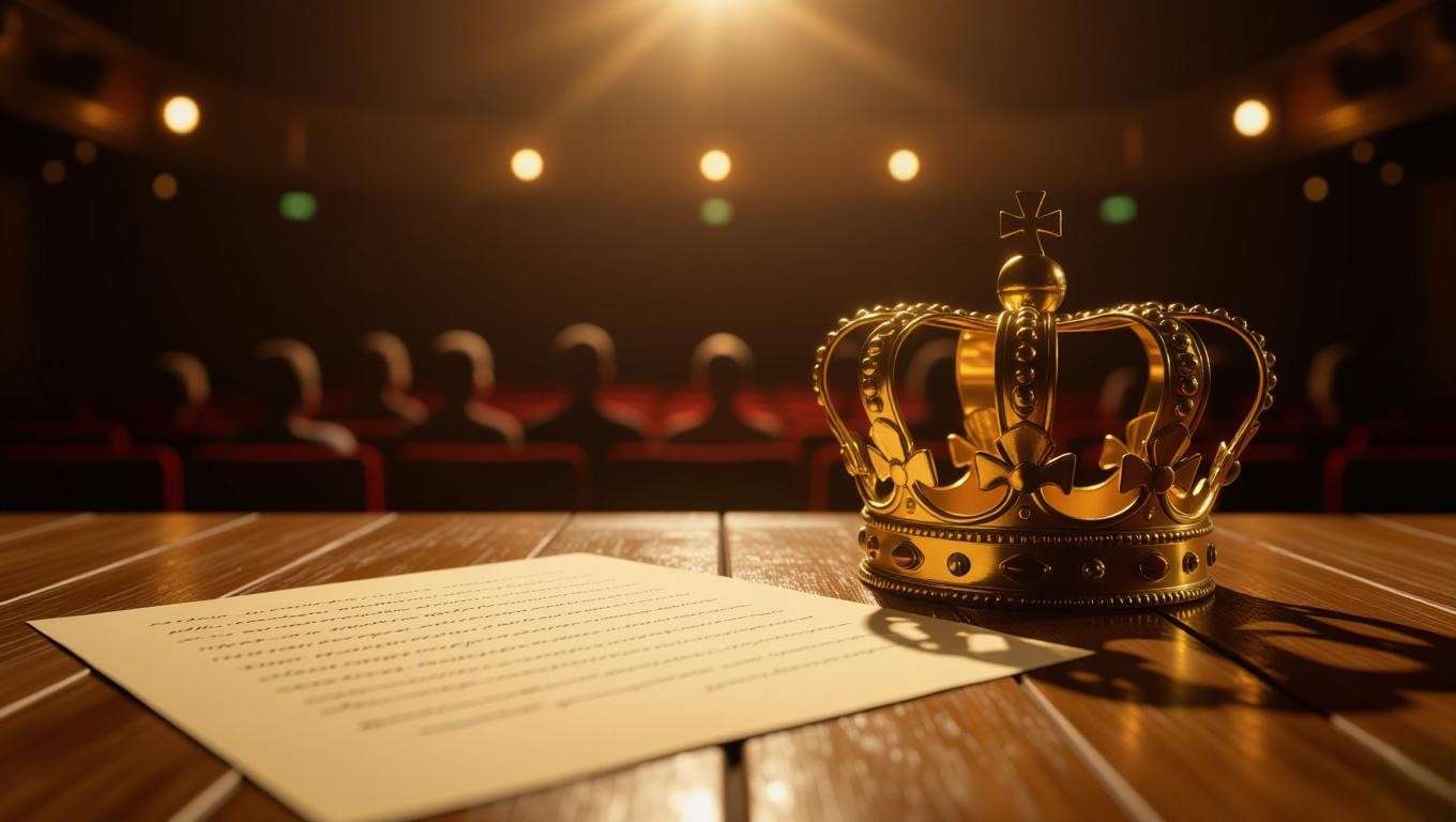 Theater stage with crown and script under spotlight, highlighting stage practicality for playwriting.