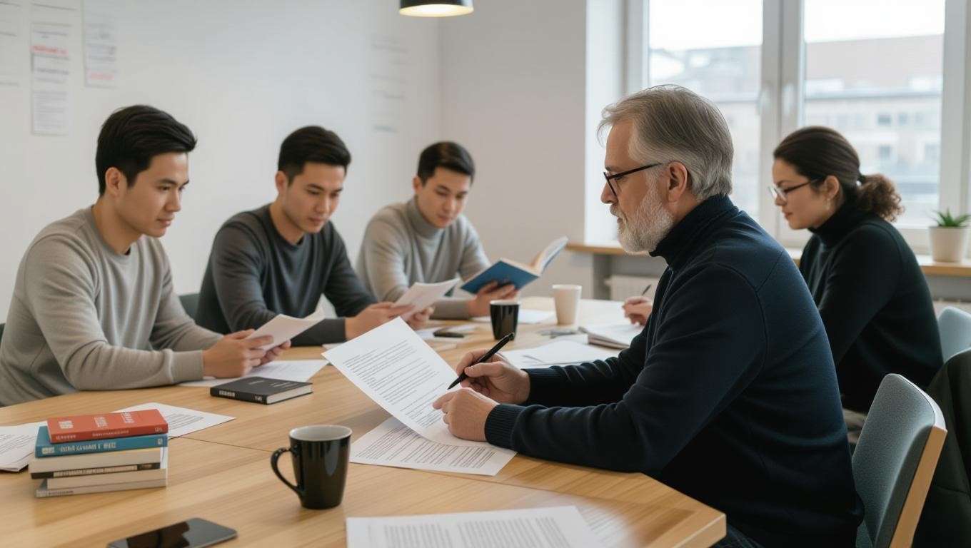 Modern playwright and actors in a workshop with script and books, showcasing playwriting resources