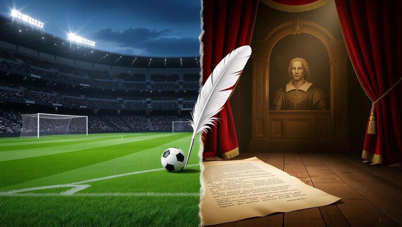 Split scene of soccer field and Hamlet stage connected by quill, inspired by modern Shakespearean plays.