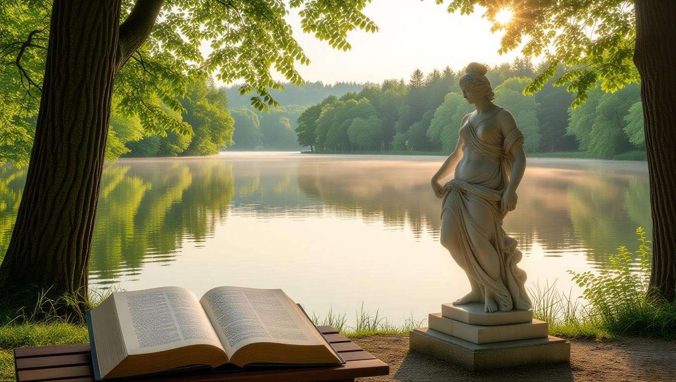 Tranquil lakeside with a marble statue and open book symbolizing eulogy writing.