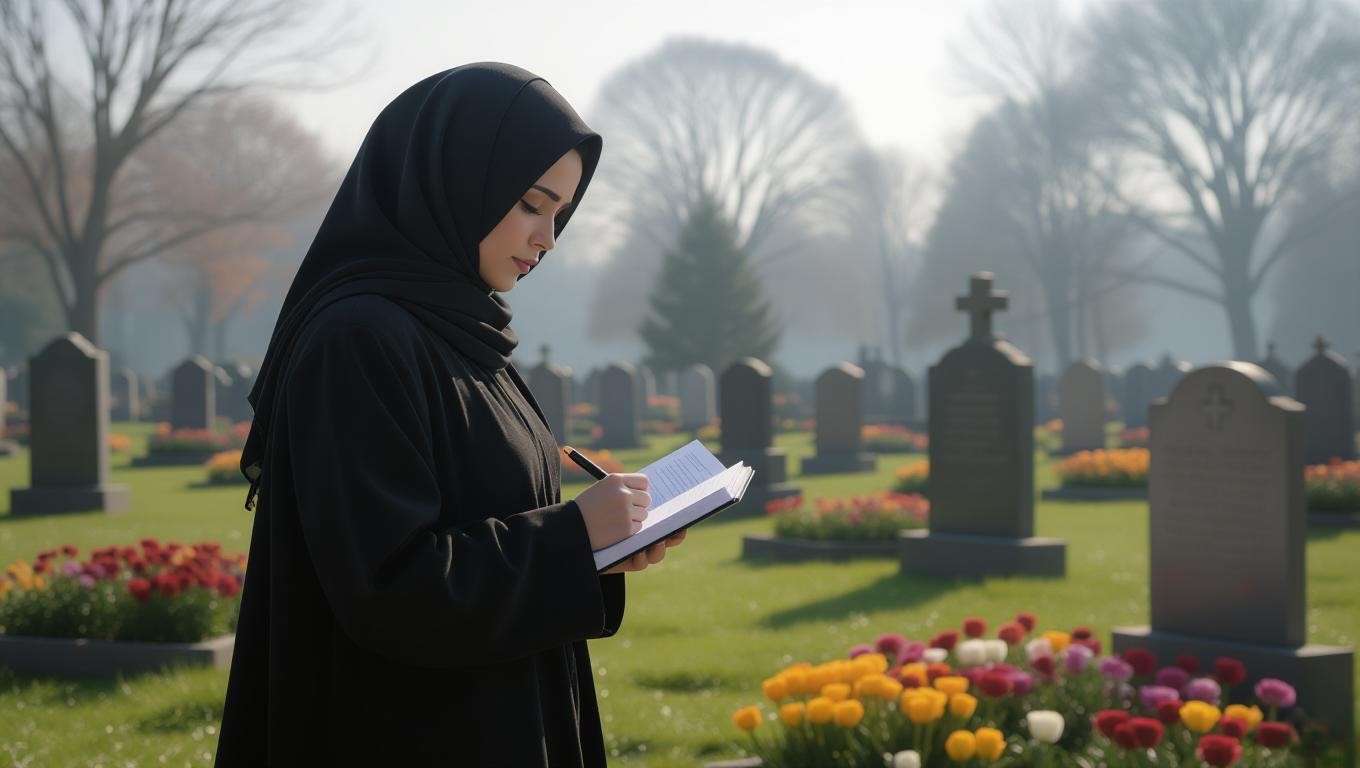 Person with notebook in a cemetery reflecting on writing a funeral speech.