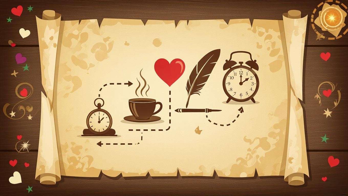 Symbolic elements of heart, quill, and clock on parchment for eulogy structure.