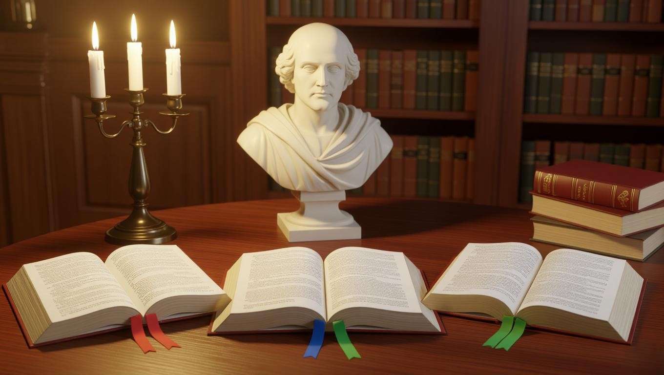 Three open books with ribbon bookmarks in a cozy study with Shakespeare bust.