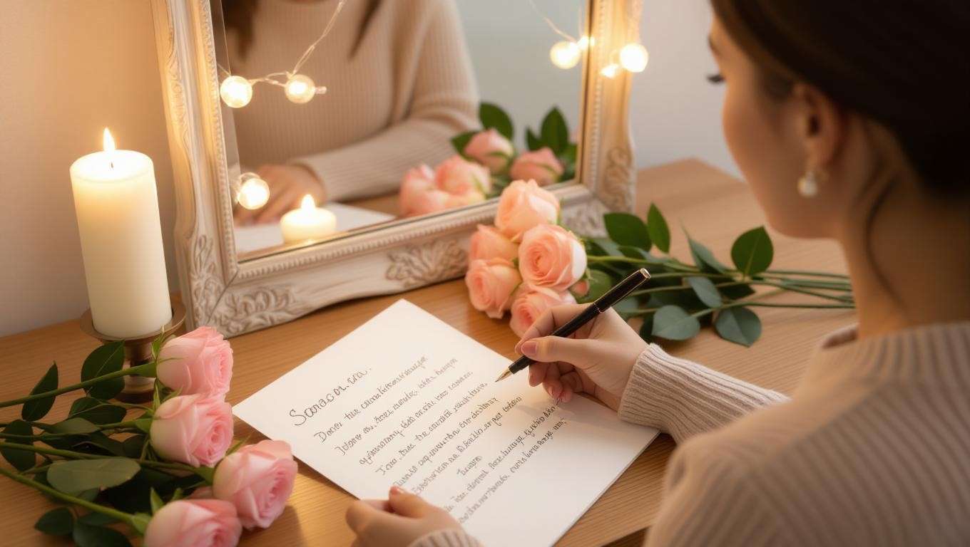 Person practicing speech with script, roses, and candle for personalization.