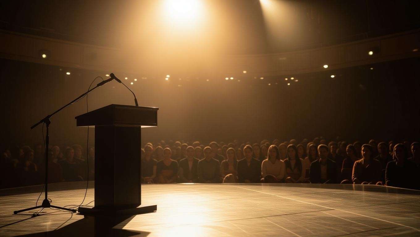 Spotlight on podium with audience silhouette for delivering a funeral speech.